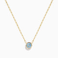 The 14K Yellow Gold Aquamarine Bezel Paperclip Chain Pendant features a round light blue aquamarine in a simple gold bezel on a delicate paperclip chain, shown against a white background.