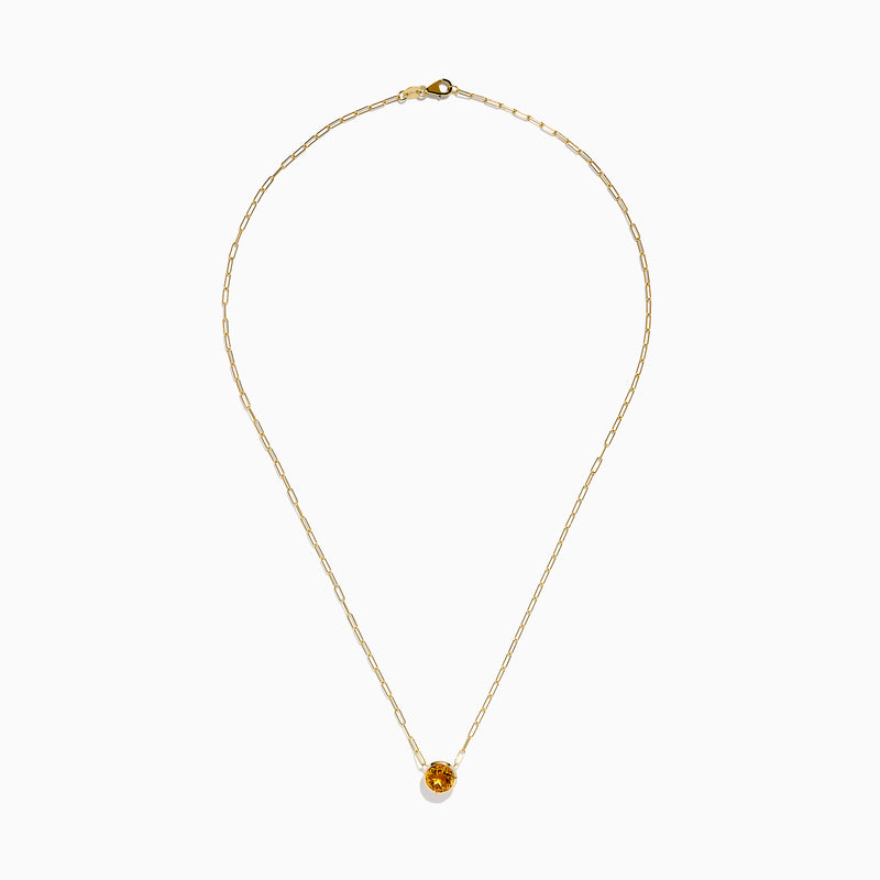 The 14K Yellow Gold Citrine Bezel Paperclip Chain Pendant features a single round citrine gemstone set in yellow gold, displayed on a white background.