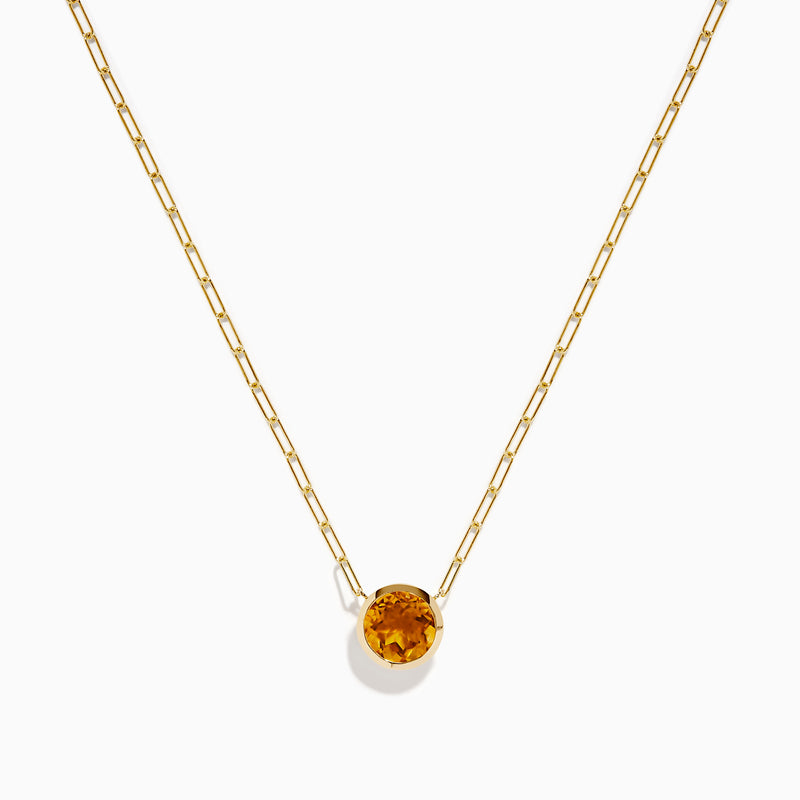 The 14K Yellow Gold Citrine Bezel Paperclip Chain Pendant features a single round citrine gemstone set in yellow gold, displayed on a white background.
