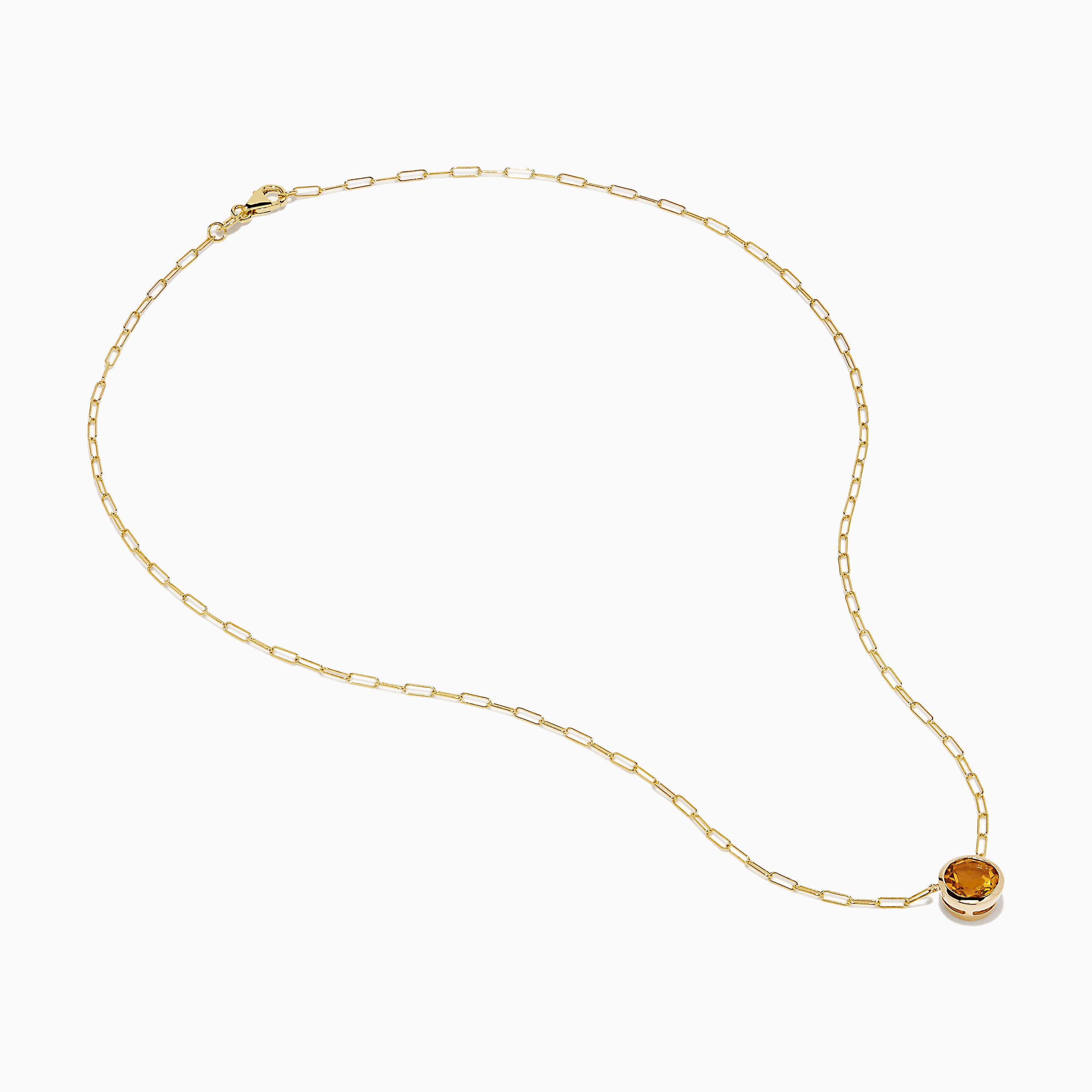The 14K Yellow Gold Citrine Bezel Paperclip Chain Pendant features a single round citrine gemstone set in yellow gold, displayed on a white background.