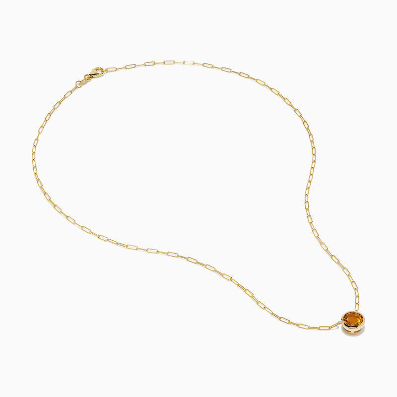 The 14K Yellow Gold Citrine Bezel Paperclip Chain Pendant features a single round citrine gemstone set in yellow gold, displayed on a white background.