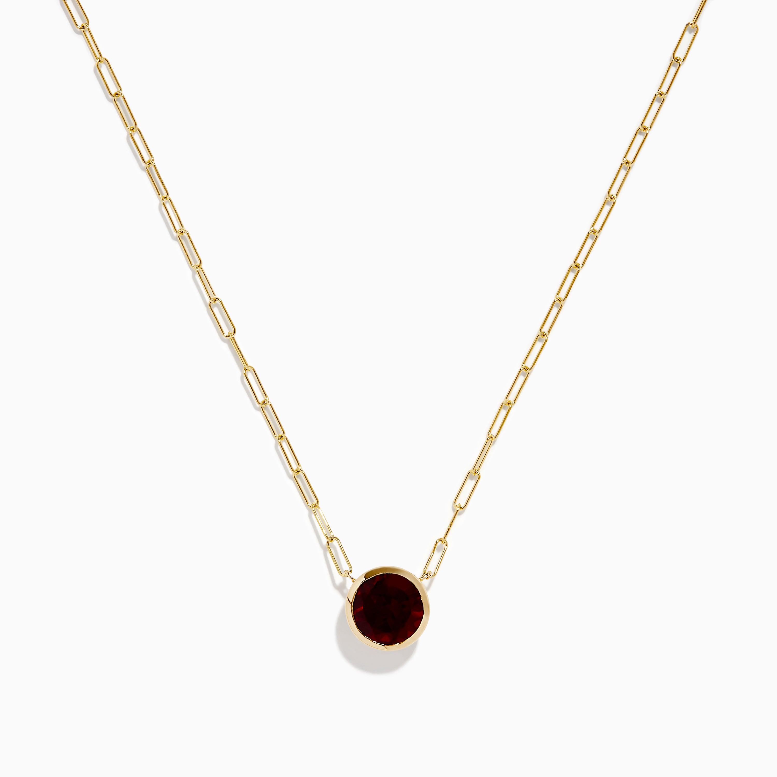14K Yellow Gold Garnet Bezel Pendant with Paperclip Chain