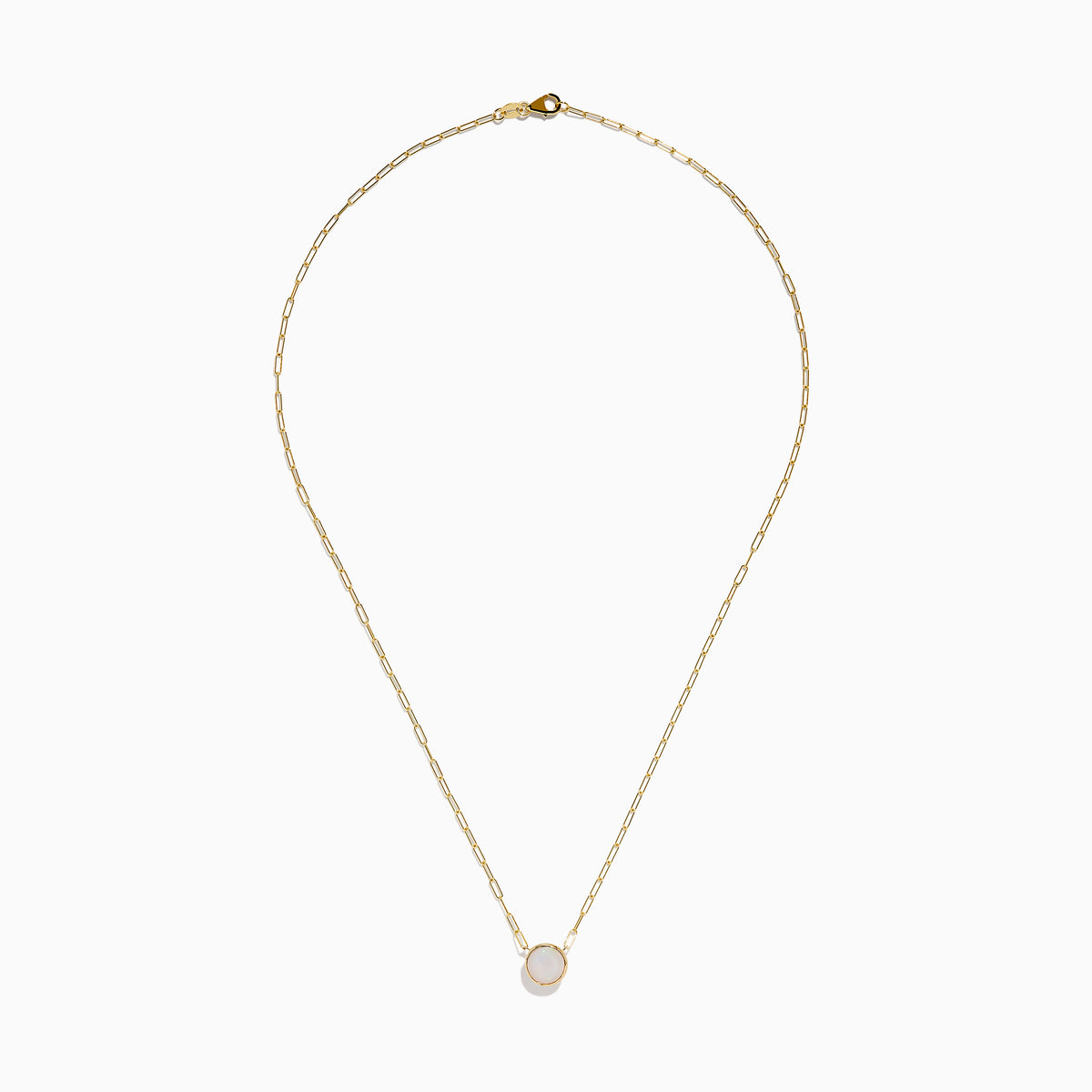 The 14K Yellow Gold Opal Bezel Paperclip Chain Pendant features a single round white opal in a simple, elegant bezel setting on a delicate yellow gold chain.