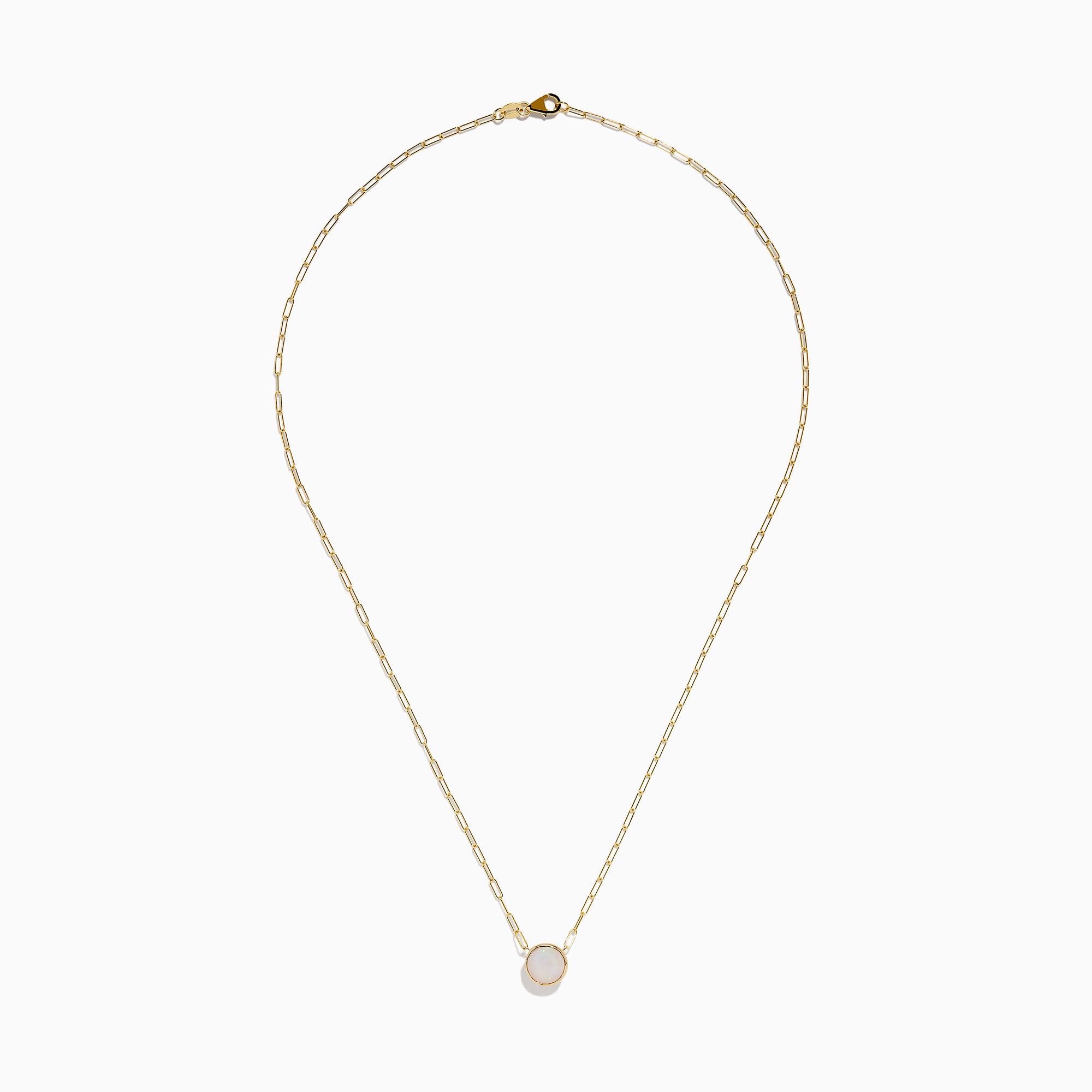 The 14K Yellow Gold Opal Bezel Paperclip Chain Pendant features a single round white opal in a simple, elegant bezel setting on a delicate yellow gold chain.