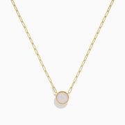 The 14K Yellow Gold Opal Bezel Paperclip Chain Pendant features a single round white opal in a simple, elegant bezel setting on a delicate yellow gold chain.