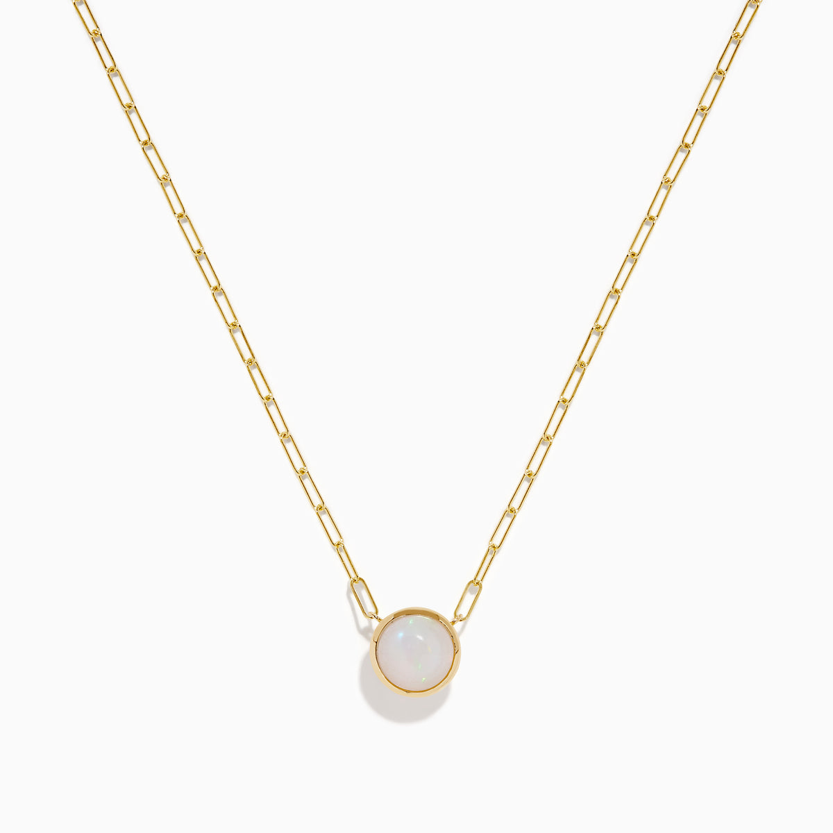 The 14K Yellow Gold Opal Bezel Paperclip Chain Pendant features a single round white opal in a simple, elegant bezel setting on a delicate yellow gold chain.