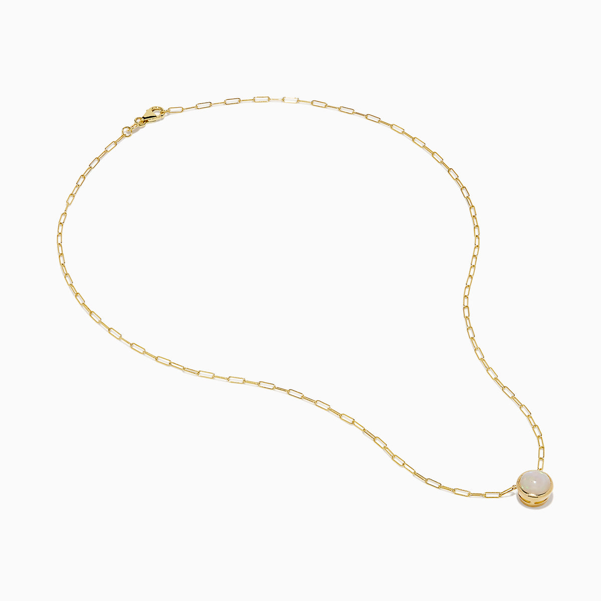 The 14K Yellow Gold Opal Bezel Paperclip Chain Pendant features a single round white opal in a simple, elegant bezel setting on a delicate yellow gold chain.