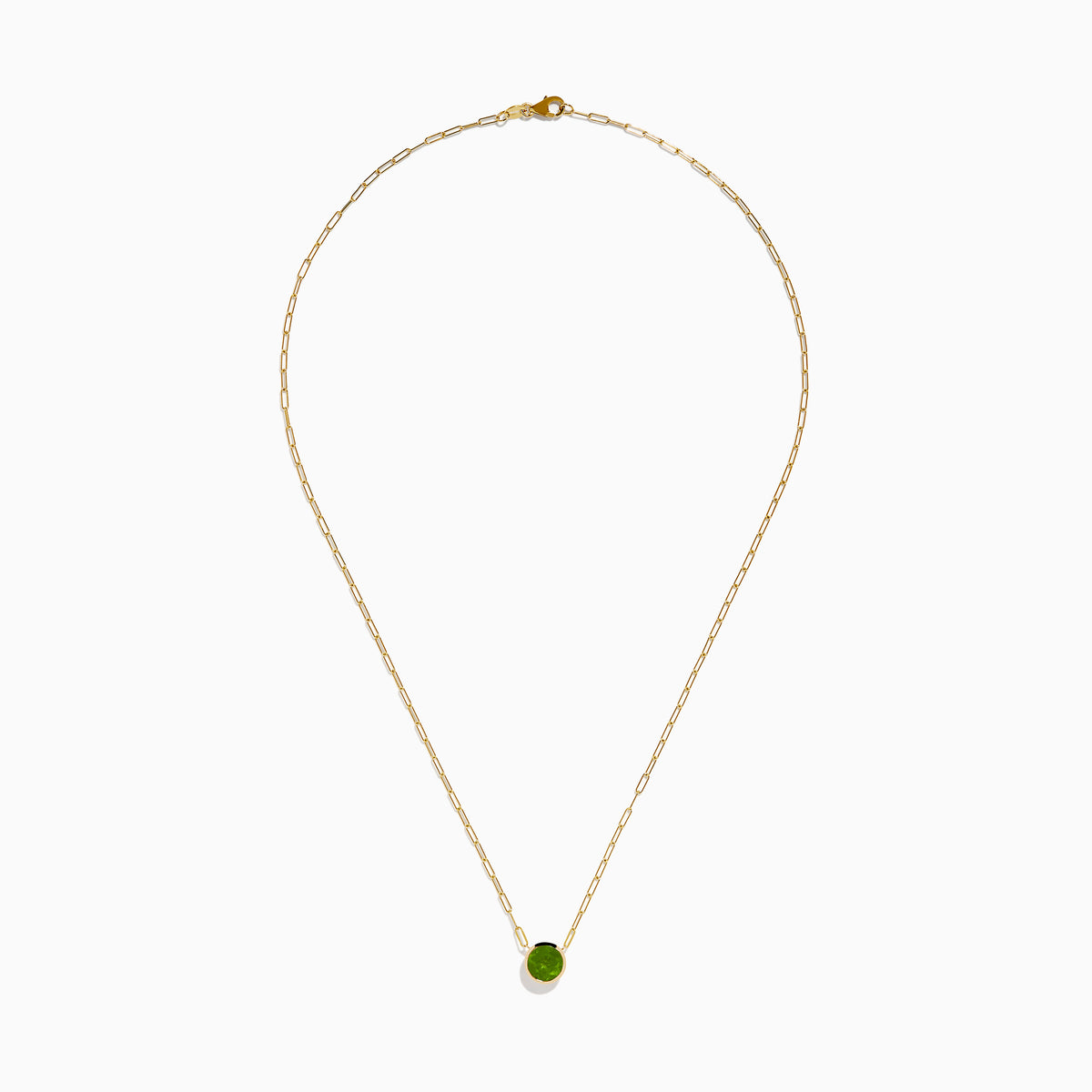 The 14K Yellow Gold Peridot Bezel Pendant with Paperclip Chain features elongated links and a round, faceted peridot set in a simple bezel setting.