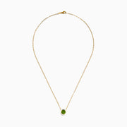 The 14K Yellow Gold Peridot Bezel Pendant with Paperclip Chain features elongated links and a round, faceted peridot set in a simple bezel setting.