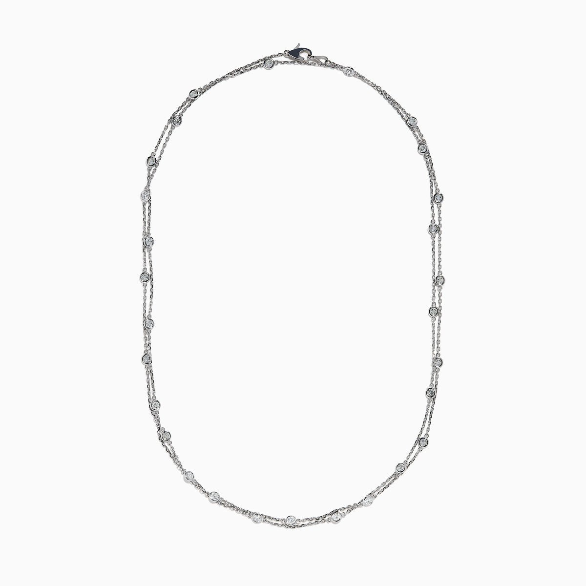 The 14K White Gold 36 Inch 2.00ct Diamond Station Necklace showcases round bezel-set diamonds evenly spaced along a fine chain, presented on a plain white background.