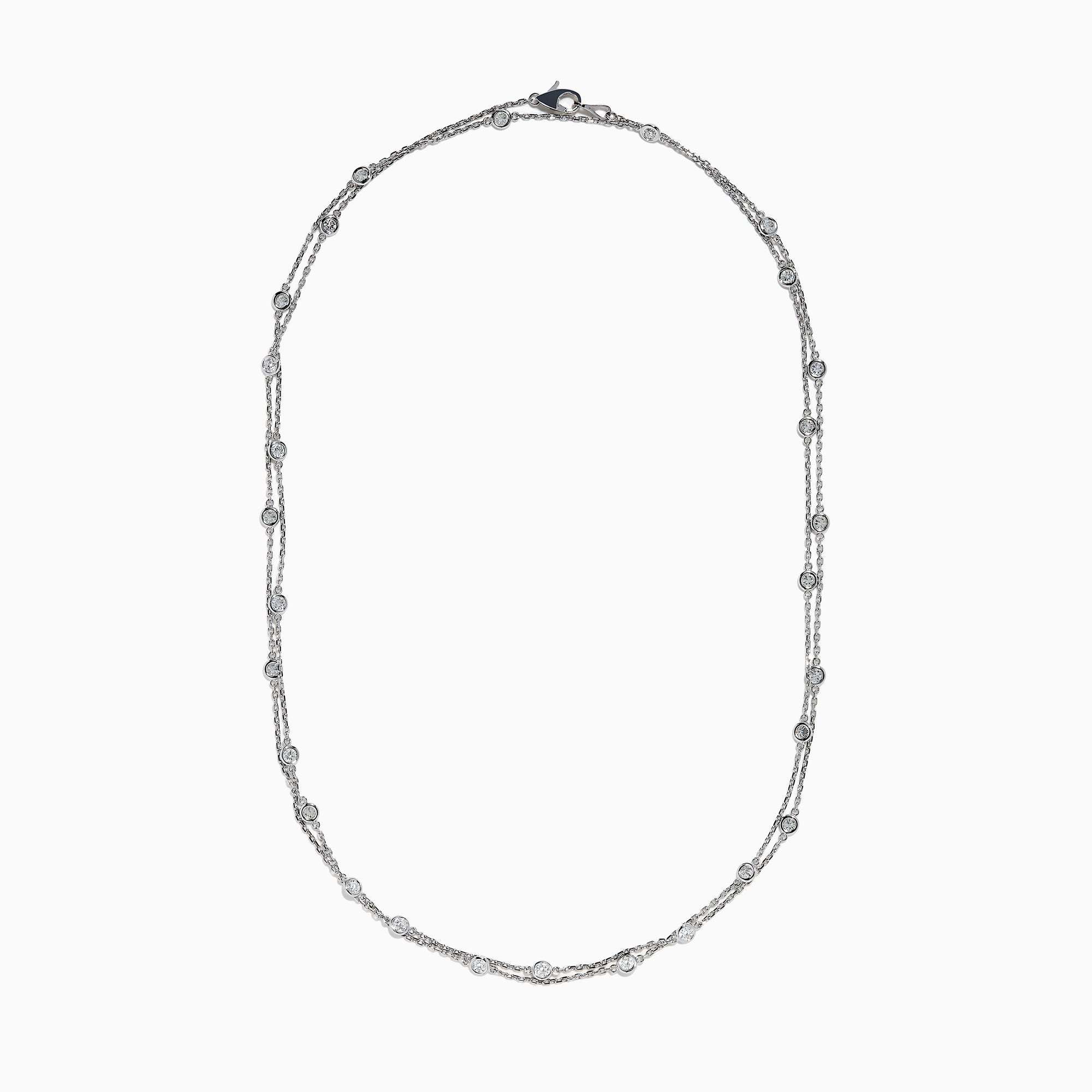 The 14K White Gold 36 Inch 2.00ct Diamond Station Necklace showcases round bezel-set diamonds evenly spaced along a fine chain, presented on a plain white background.