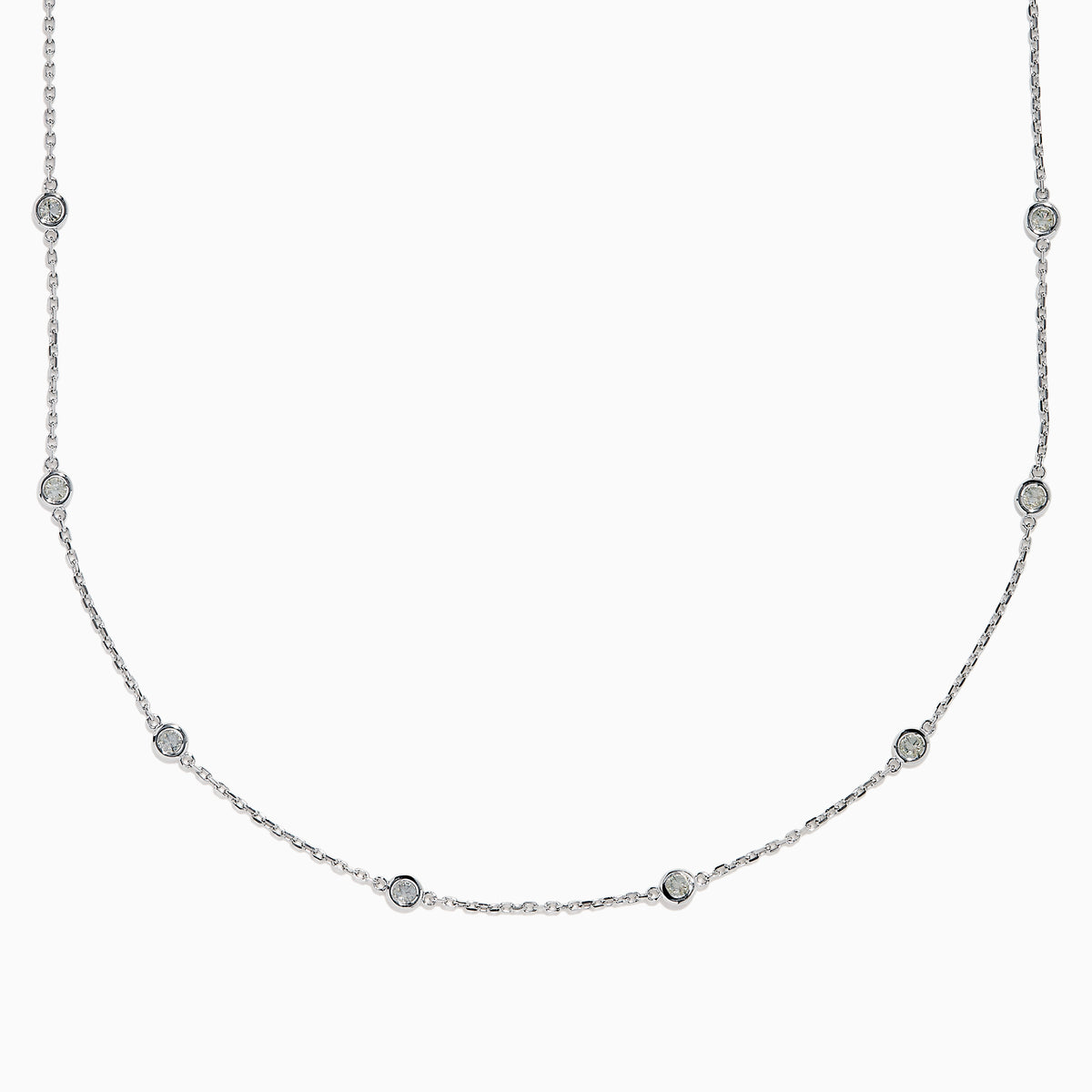 The 14K White Gold 36 Inch 2.00ct Diamond Station Necklace showcases round bezel-set diamonds evenly spaced along a fine chain, presented on a plain white background.