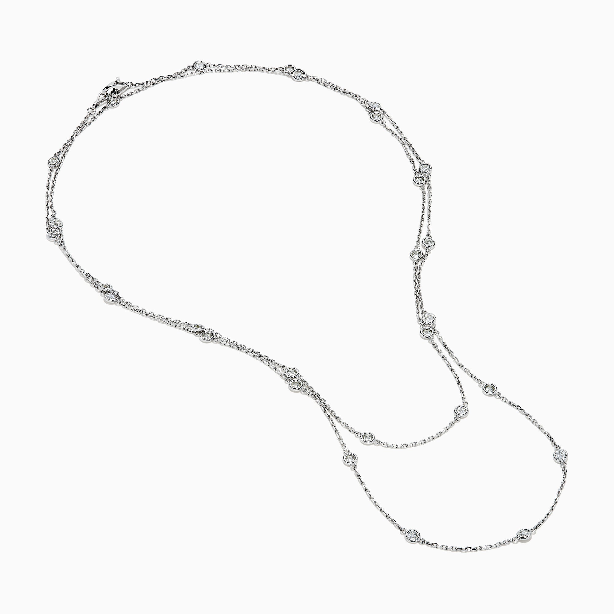 The 14K White Gold 36 Inch 2.00ct Diamond Station Necklace showcases round bezel-set diamonds evenly spaced along a fine chain, presented on a plain white background.