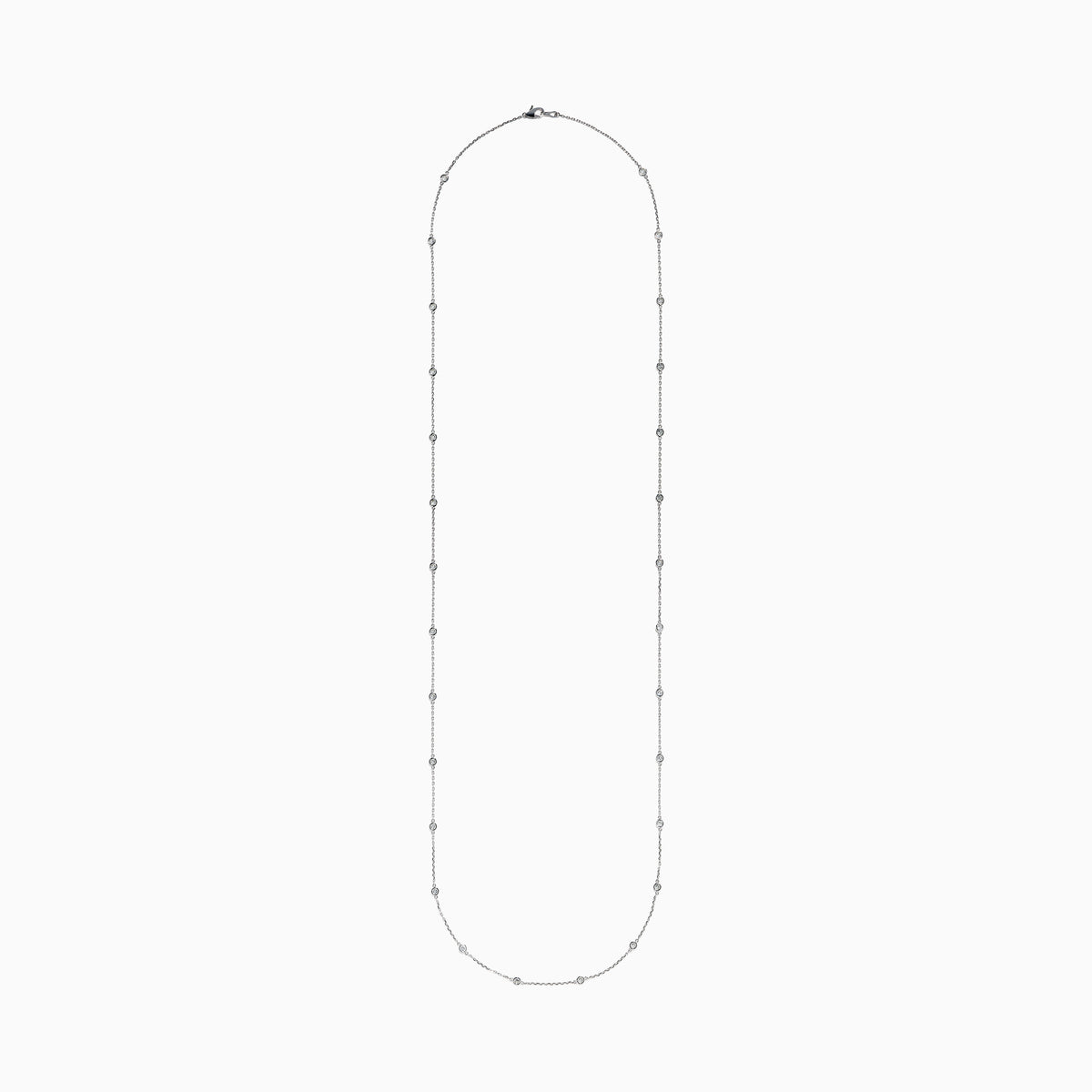 The 14K White Gold 36 Inch 2.00ct Diamond Station Necklace showcases round bezel-set diamonds evenly spaced along a fine chain, presented on a plain white background.