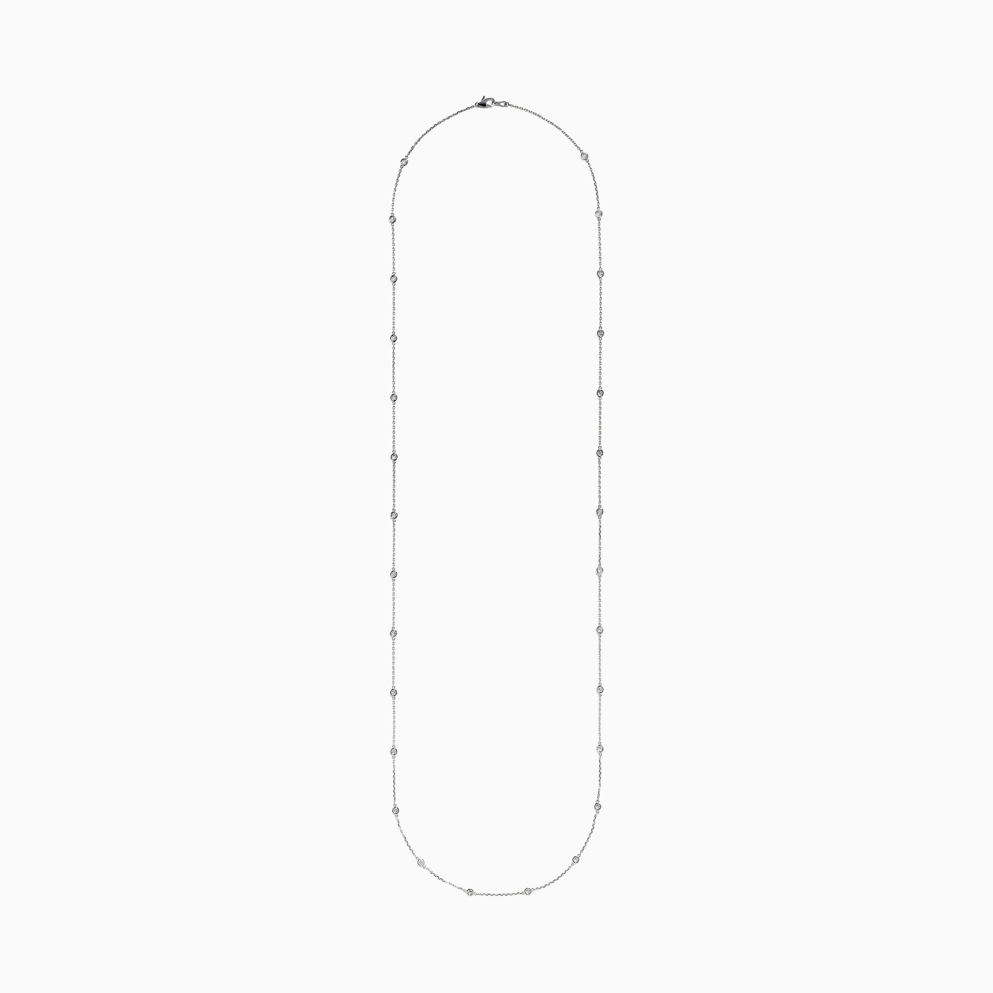 The 14K White Gold 36 Inch 2.00ct Diamond Station Necklace showcases round bezel-set diamonds evenly spaced along a fine chain, presented on a plain white background.