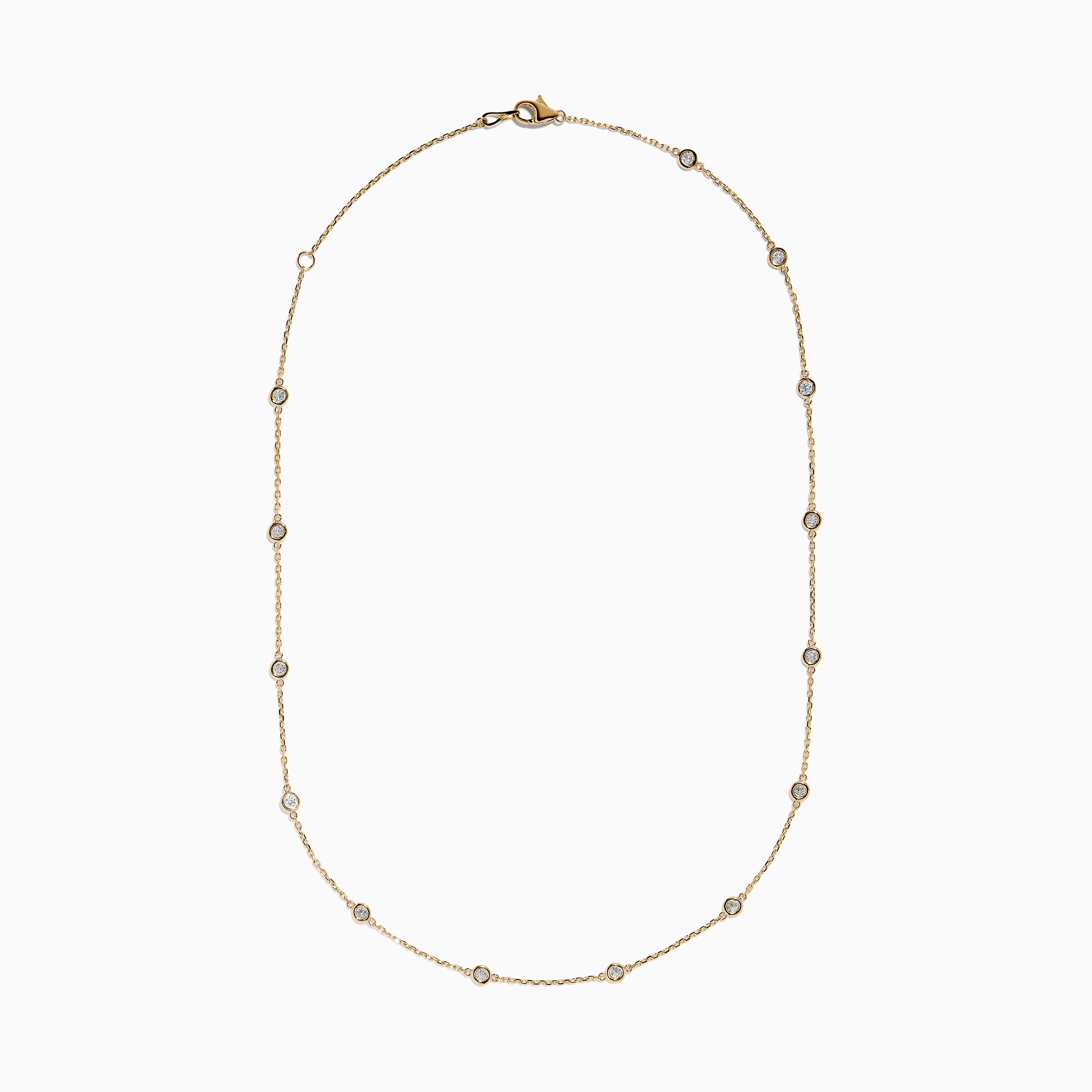 The 14K Yellow Gold Diamond Station Necklace, 1.00 TCW, features evenly spaced round diamonds in bezel settings on a delicate gold chain, shown elegantly against a white background.