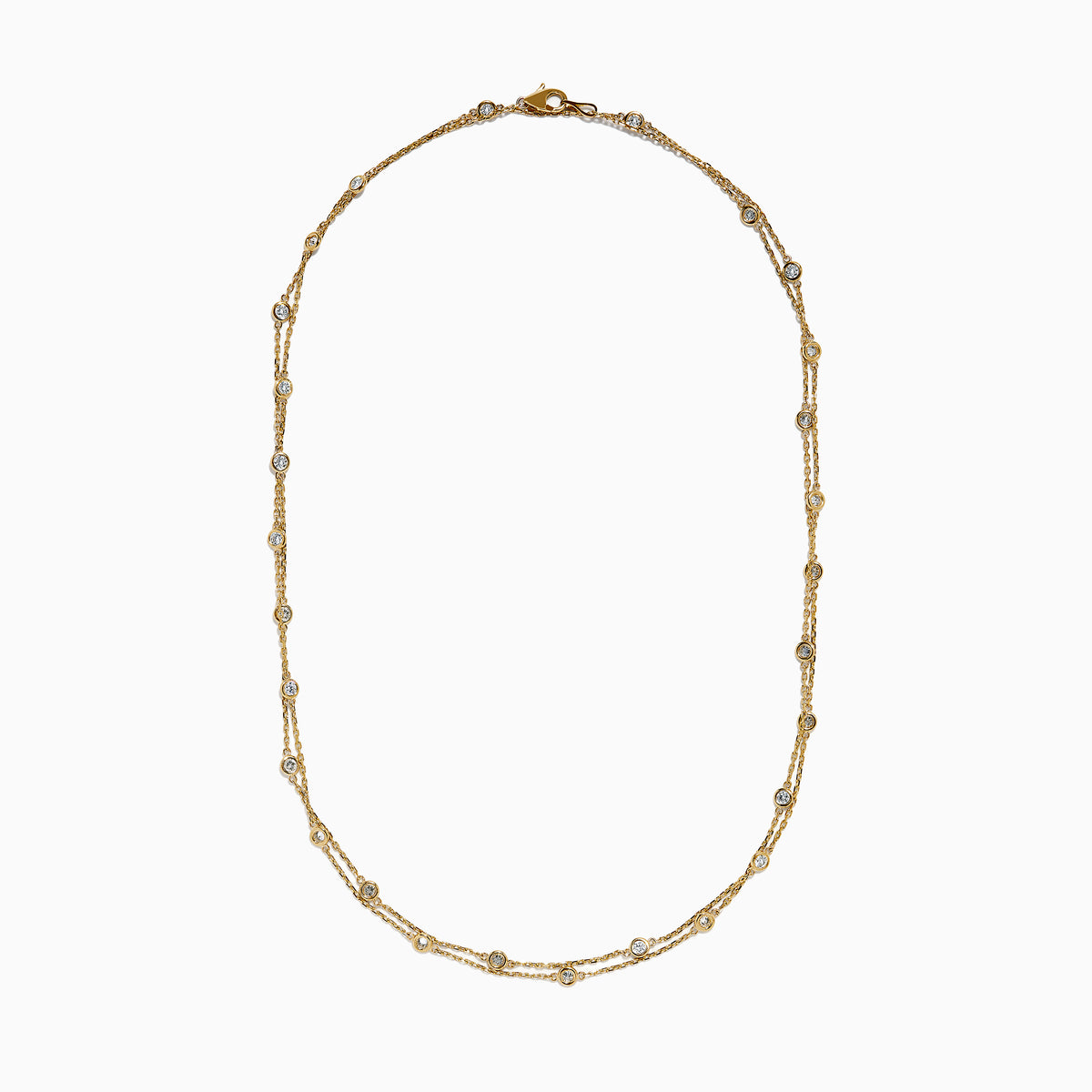 The 14K Yellow Gold 36 Inch 2.00ct Diamond Station Necklace features bezel-set round diamonds spaced evenly along a delicate gold chain, shown against a white background.