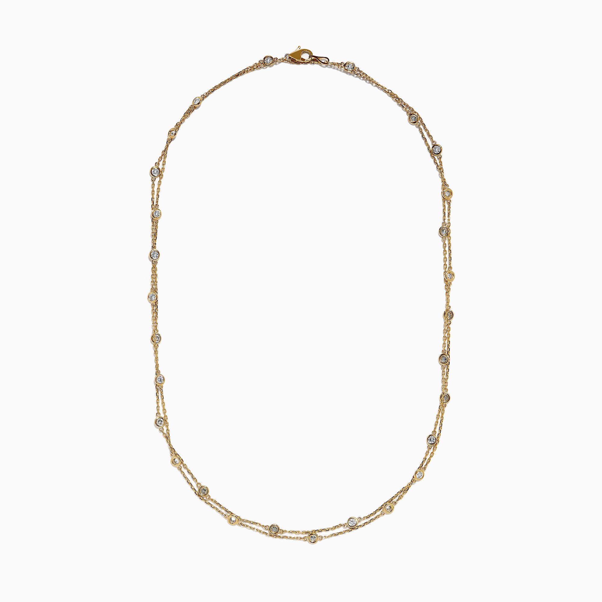 The 14K Yellow Gold 36 Inch 2.00ct Diamond Station Necklace features bezel-set round diamonds spaced evenly along a delicate gold chain, shown against a white background.