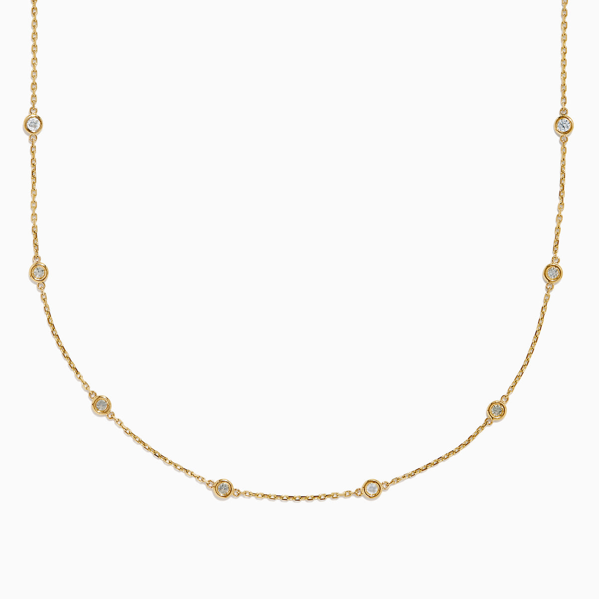 The 14K Yellow Gold 36 Inch 2.00ct Diamond Station Necklace features bezel-set round diamonds spaced evenly along a delicate gold chain, shown against a white background.