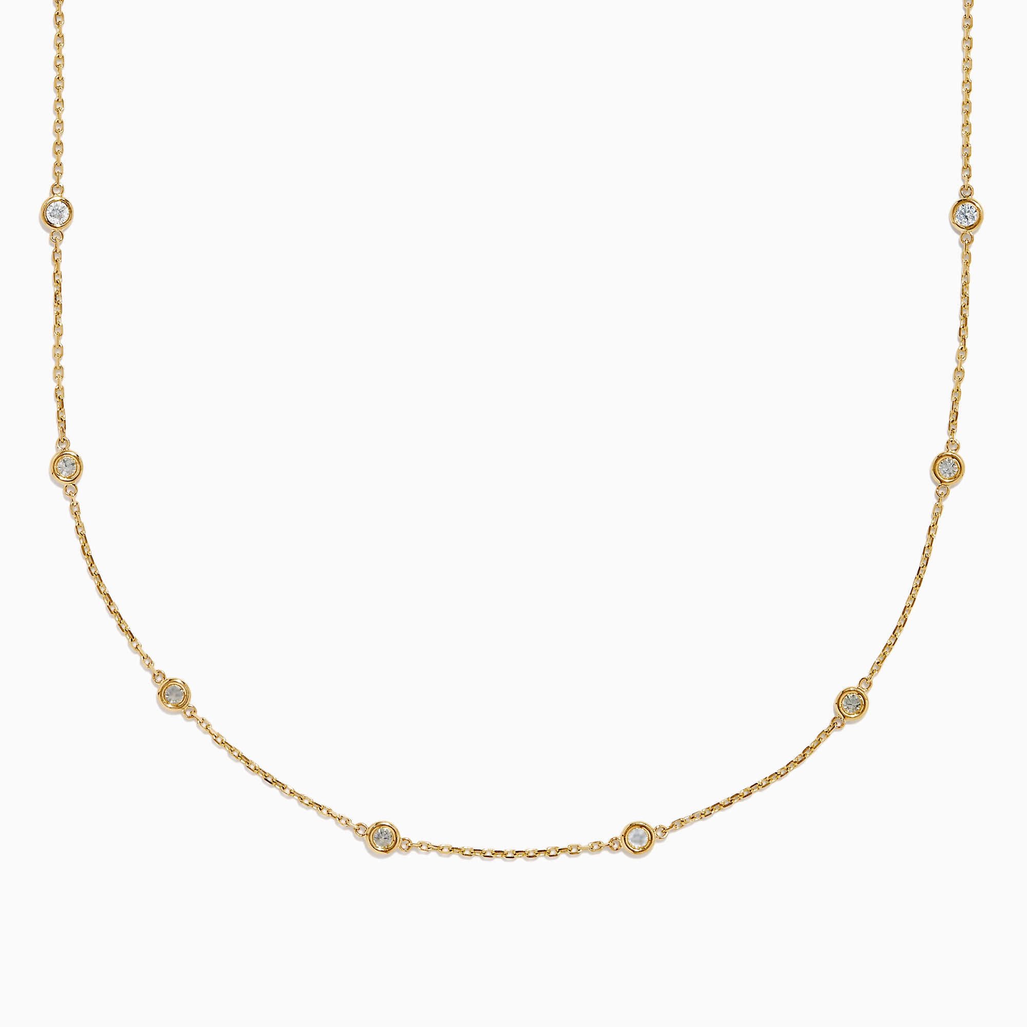 The 14K Yellow Gold 36 Inch 2.00ct Diamond Station Necklace features bezel-set round diamonds spaced evenly along a delicate gold chain, shown against a white background.