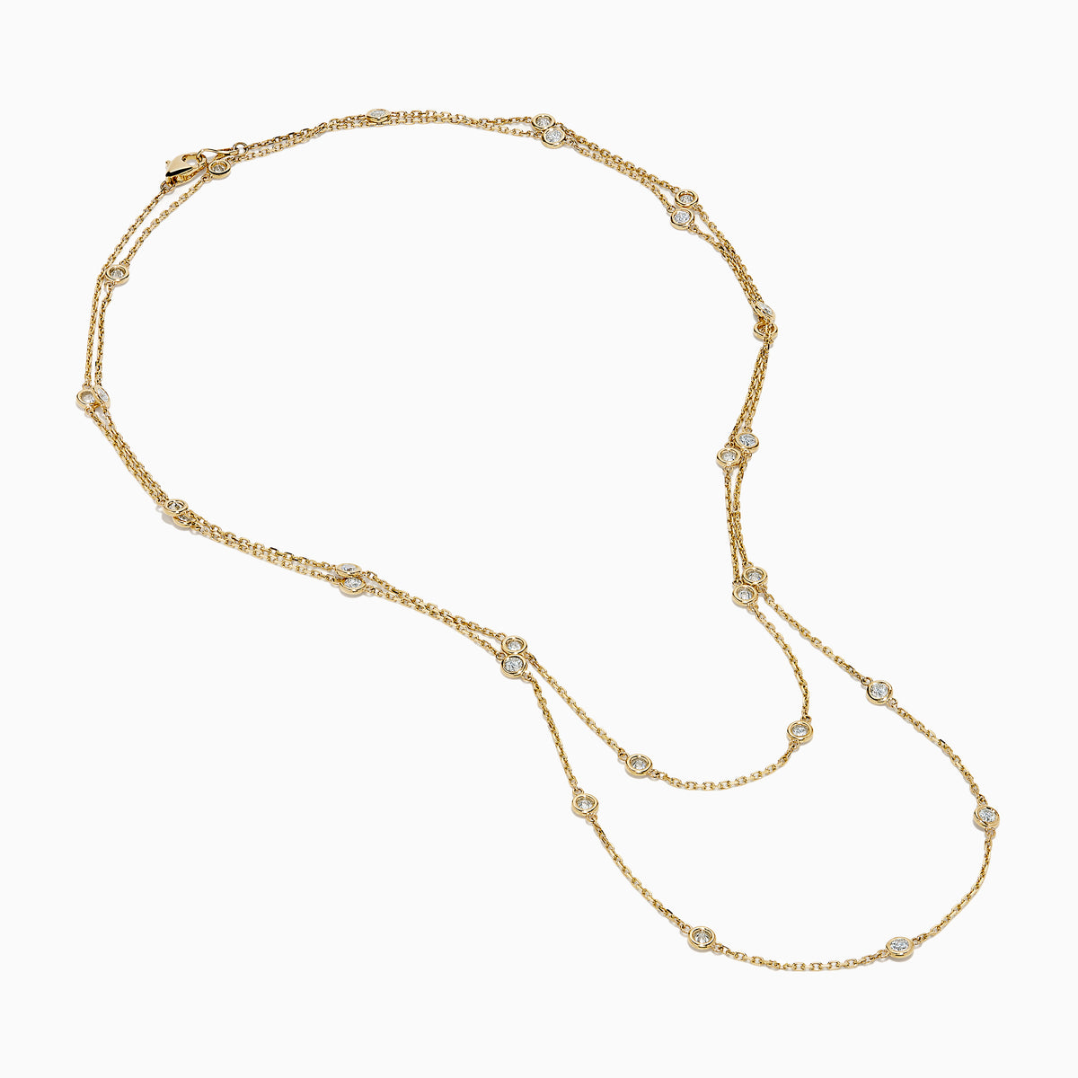 The 14K Yellow Gold 36 Inch 2.00ct Diamond Station Necklace features bezel-set round diamonds spaced evenly along a delicate gold chain, shown against a white background.