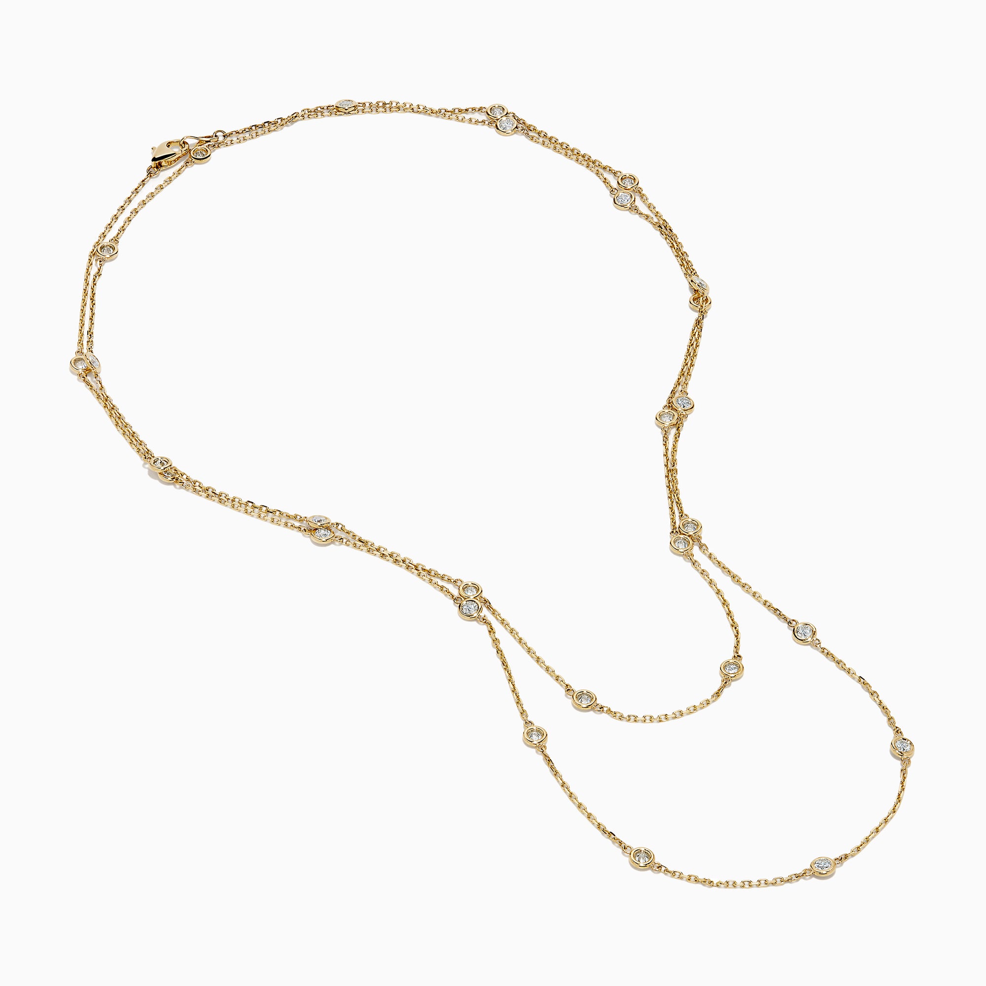The 14K Yellow Gold 36 Inch 2.00ct Diamond Station Necklace features bezel-set round diamonds spaced evenly along a delicate gold chain, shown against a white background.