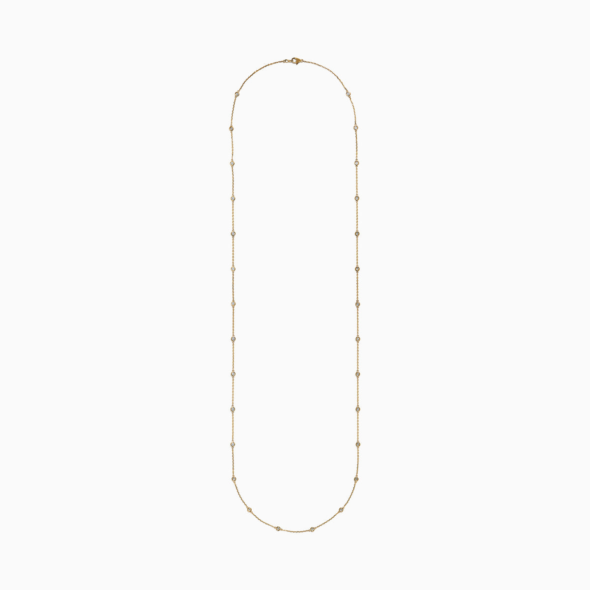 The 14K Yellow Gold 36 Inch 2.00ct Diamond Station Necklace features bezel-set round diamonds spaced evenly along a delicate gold chain, shown against a white background.