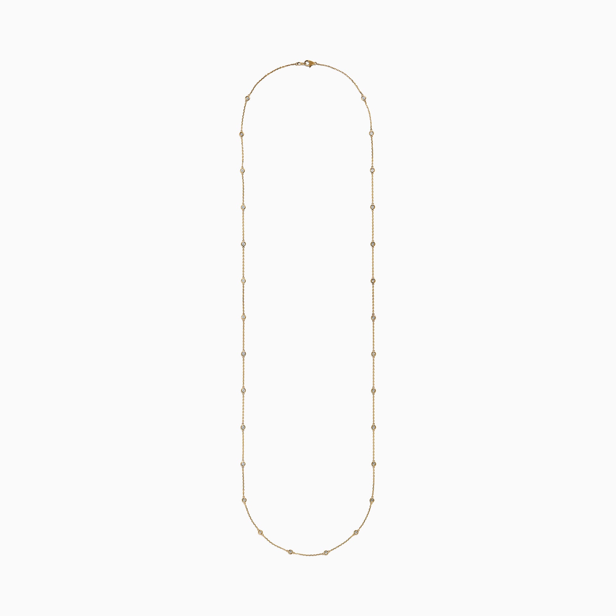 The 14K Yellow Gold 36 Inch 2.00ct Diamond Station Necklace features bezel-set round diamonds spaced evenly along a delicate gold chain, shown against a white background.