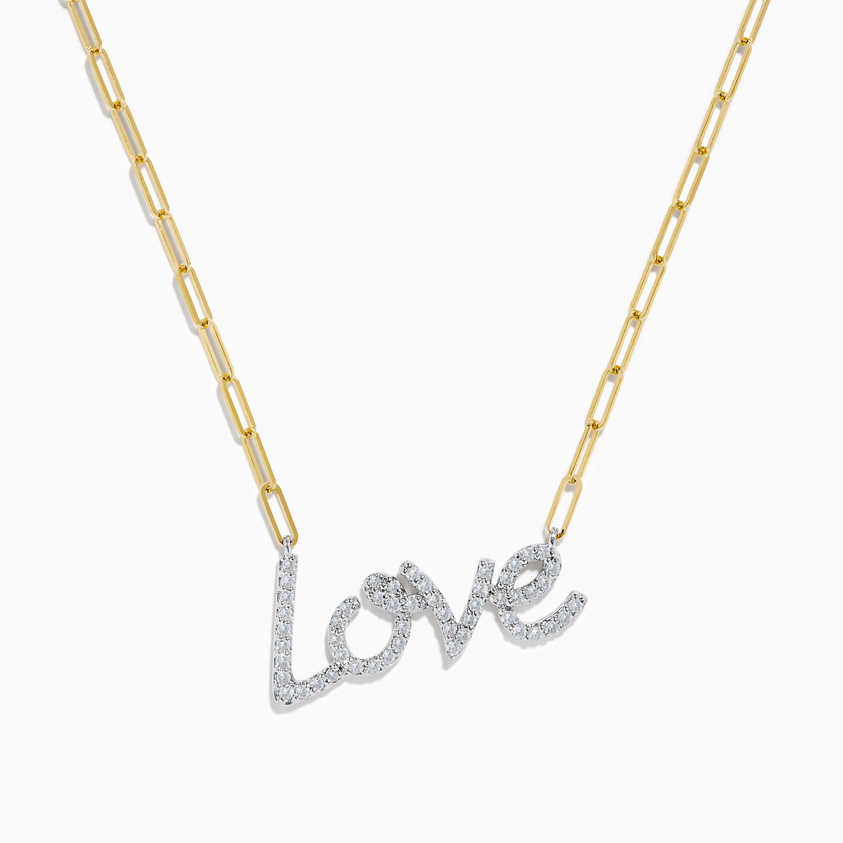 The 14K Two Tone Gold Diamond Love Necklace features a cursive love pendant adorned with sparkling diamond-clear stones.