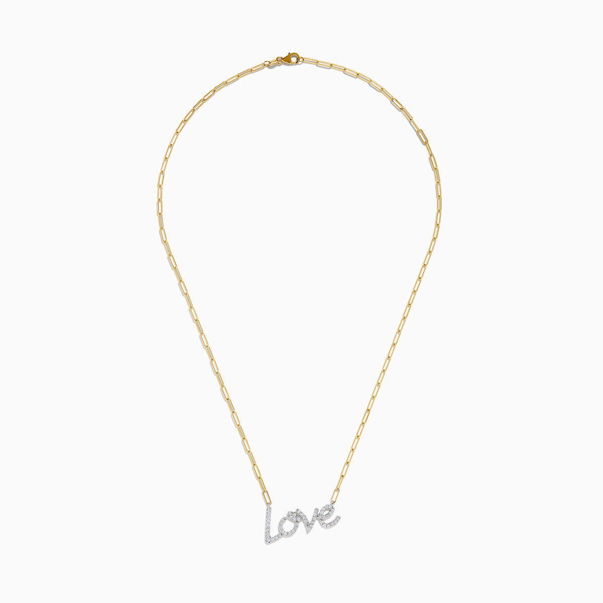 The 14K Two Tone Gold Diamond Love Necklace features a cursive love pendant adorned with sparkling diamond-clear stones.