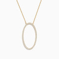 The 14K Yellow Gold Oval Pendant features a large vertical oval outlined with sparkling diamonds on a yellow gold chain, shown against a white background.