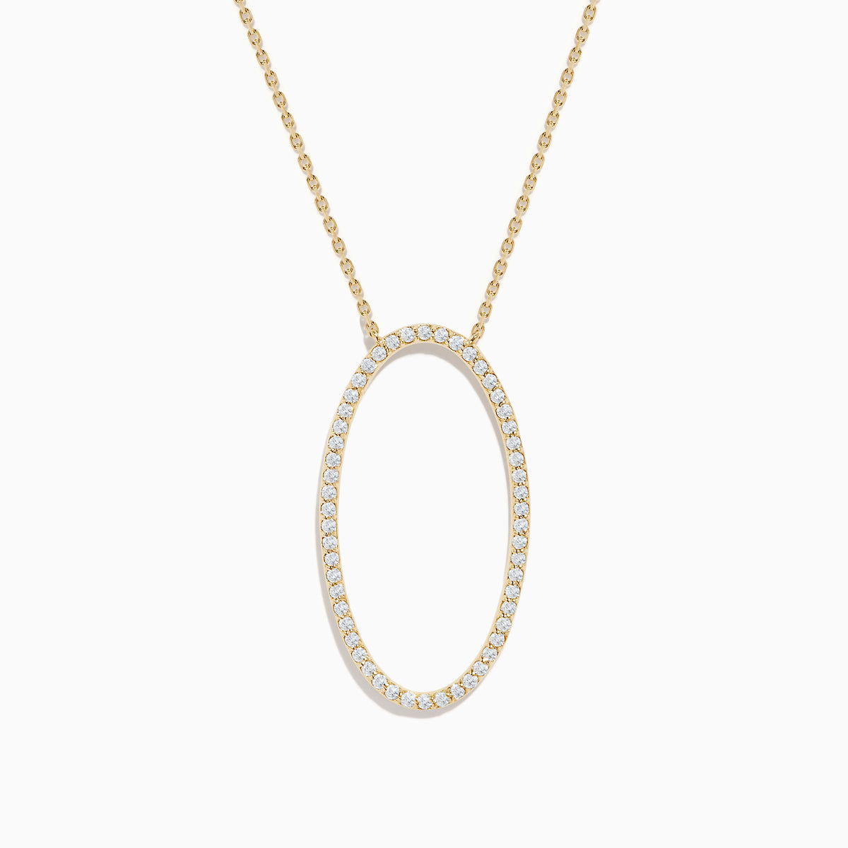 The 14K Yellow Gold Oval Pendant features a large vertical oval outlined with sparkling diamonds on a yellow gold chain, shown against a white background.