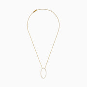The 14K Yellow Gold Oval Pendant features a large vertical oval outlined with sparkling diamonds on a yellow gold chain, shown against a white background.