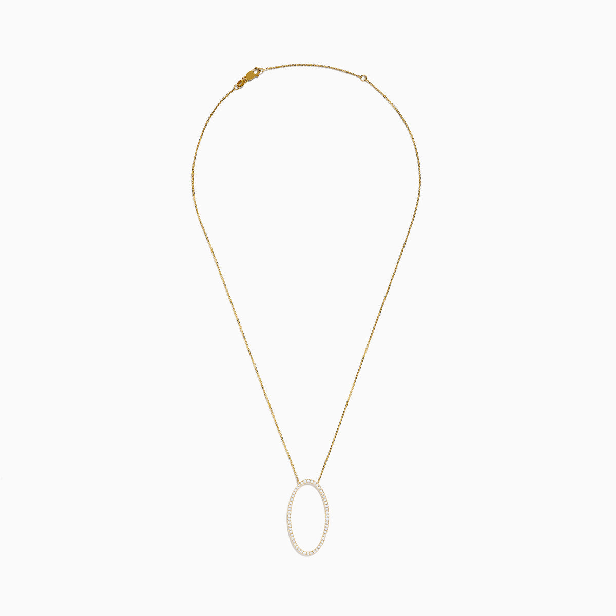 The 14K Yellow Gold Oval Pendant features a large vertical oval outlined with sparkling diamonds on a yellow gold chain, shown against a white background.