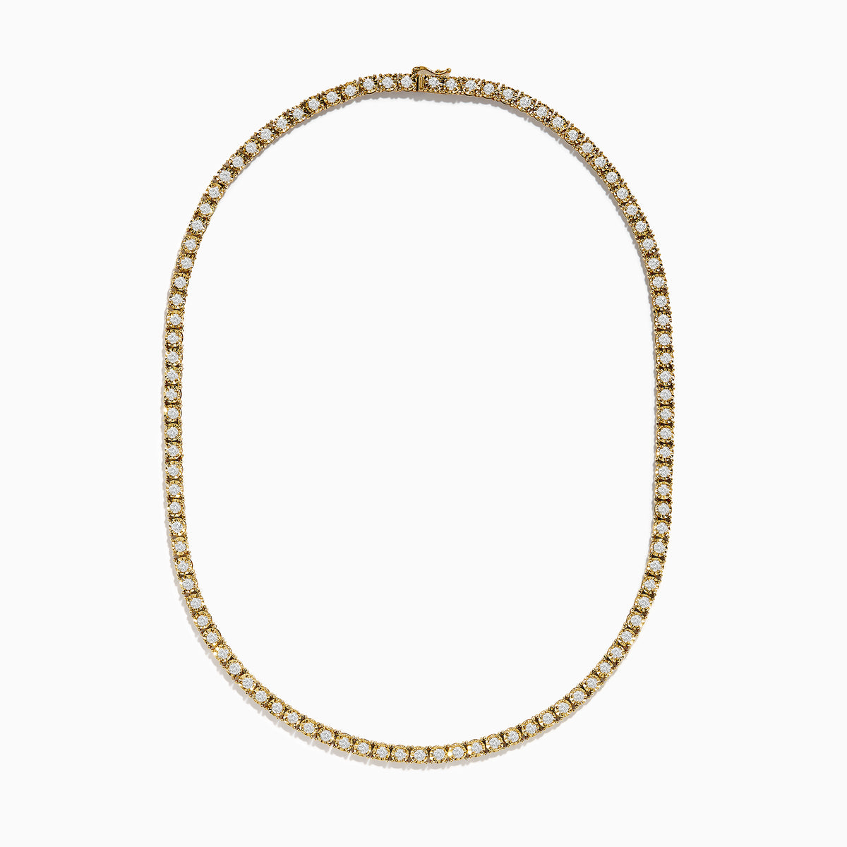 The 14K Yellow Gold Miracle Set Diamond Tennis Necklace, featuring an intricate pattern and embedded diamonds, is displayed against a white background.