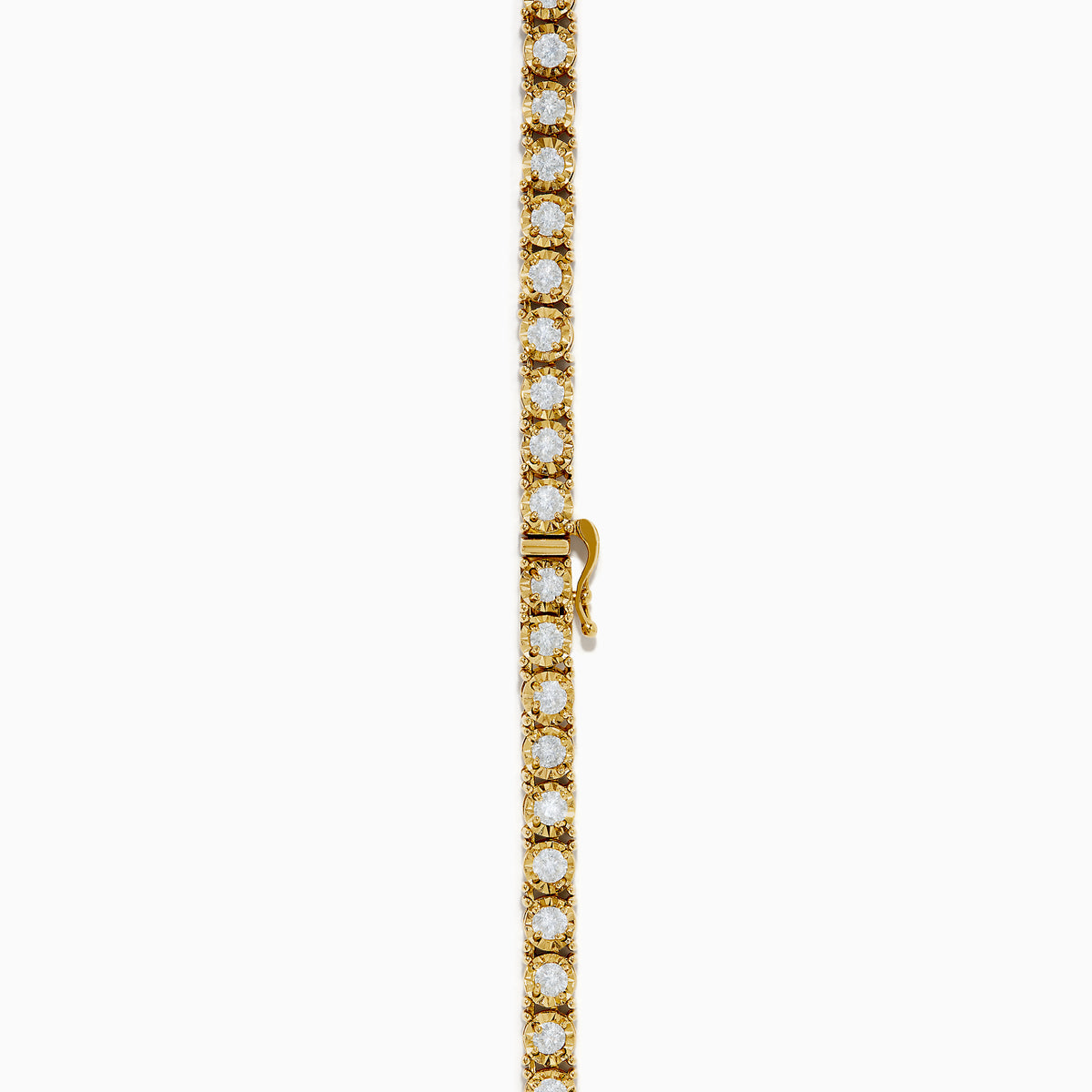 The 14K Yellow Gold Miracle Set Diamond Tennis Necklace, featuring an intricate pattern and embedded diamonds, is displayed against a white background.
