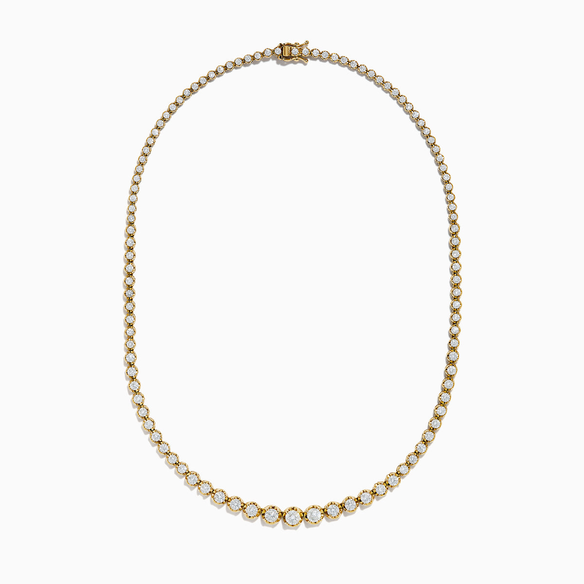 The 14K Yellow Gold Miracle Set Diamond Graduated Tennis Necklace showcases a single row of closely set, sparkling round diamonds in a gentle curve on yellow gold.