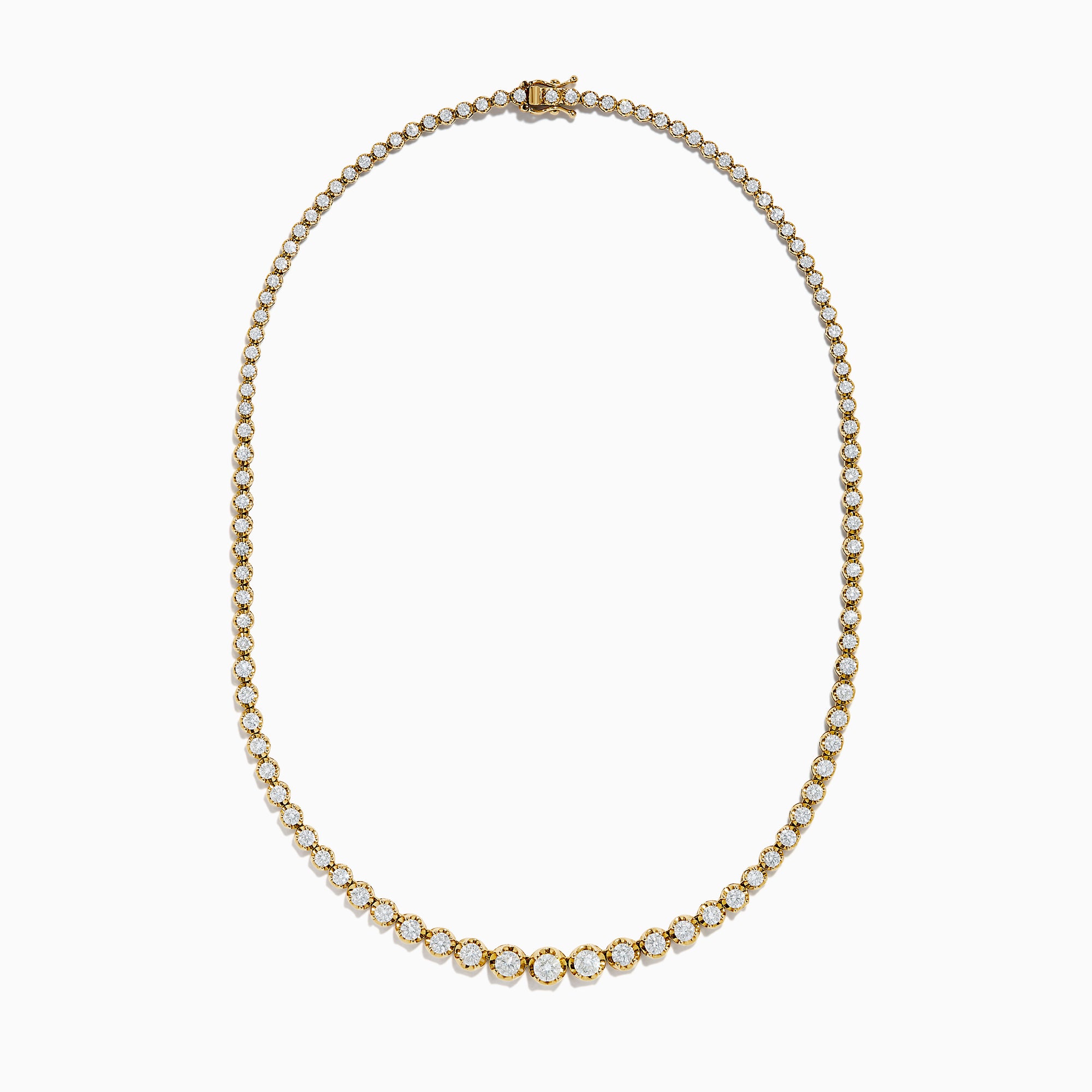 The 14K Yellow Gold Miracle Set Diamond Graduated Tennis Necklace showcases a single row of closely set, sparkling round diamonds in a gentle curve on yellow gold.