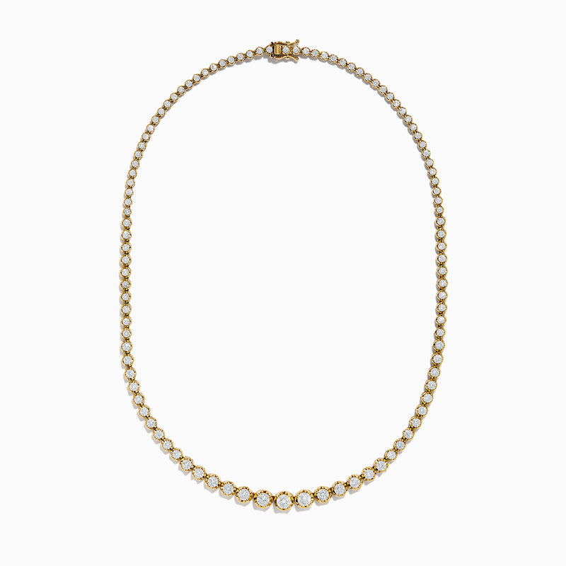 The 14K Yellow Gold Miracle Set Diamond Graduated Tennis Necklace showcases a single row of closely set, sparkling round diamonds in a gentle curve on yellow gold.