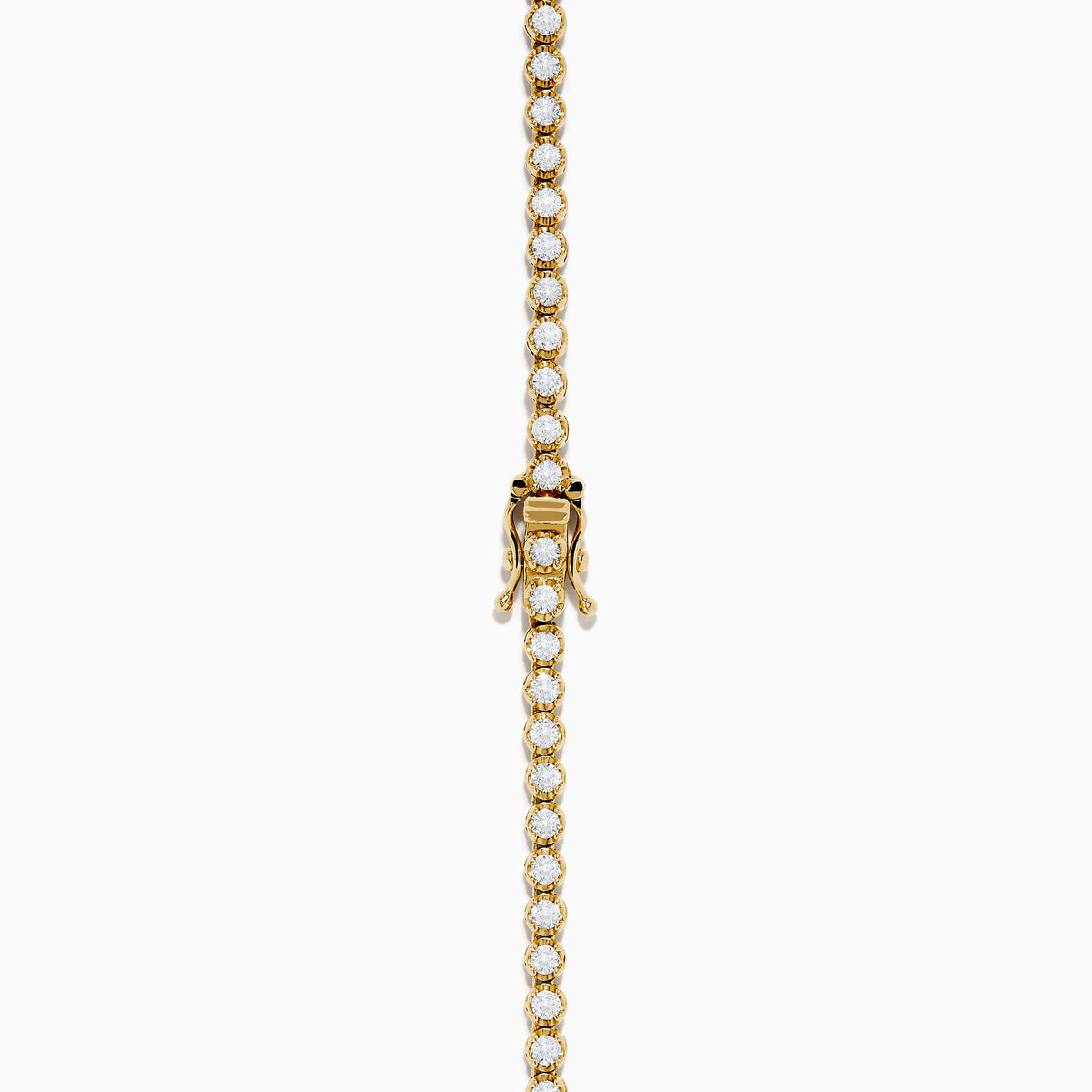 The 14K Yellow Gold Miracle Set Diamond Graduated Tennis Necklace showcases a single row of closely set, sparkling round diamonds in a gentle curve on yellow gold.