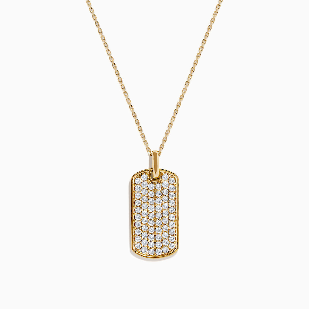 14K Yellow Gold Diamond Dog Tag Pendant: A gold chain necklace with a rectangular pendant, rounded corners, and sparkling diamond accents set in polished 14K yellow gold for an elegant finish.