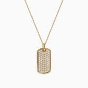 14K Yellow Gold Diamond Dog Tag Pendant: A gold chain necklace with a rectangular pendant, rounded corners, and sparkling diamond accents set in polished 14K yellow gold for an elegant finish.