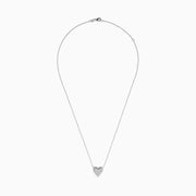 The 14K White Gold Diamond Heart Necklace showcases a heart-shaped pendant outlined with small diamonds and accented by a single larger diamond on one side, displayed against a plain white background.