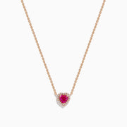 The Novelty 14K Rose Gold Pink Sapphire and Diamond Heart Necklace features a rose gold chain with a heart-shaped pendant showcasing a central pink sapphire surrounded by sparkling diamonds.