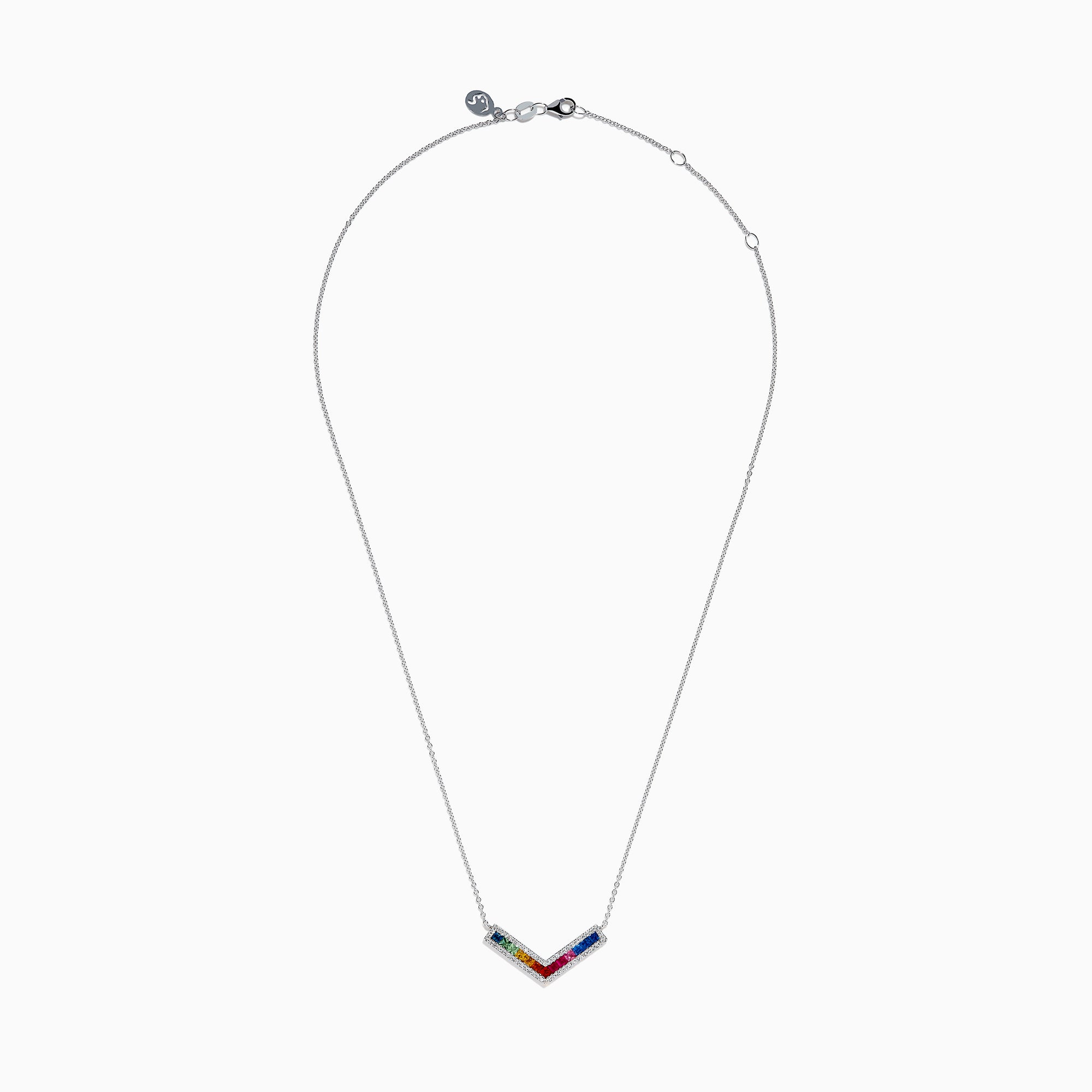 The Watercolors 14K White Gold Multi Sapphire and Diamond Collarbone Necklace features a V-shaped pendant with square, multicolored sapphires in a rainbow pattern, bordered by sparkling diamonds.