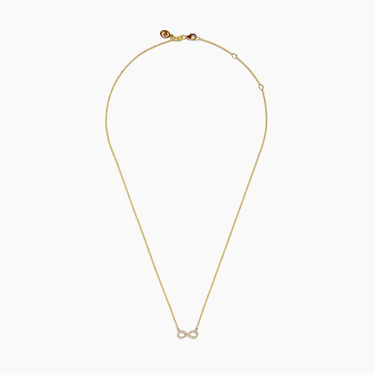 The 14K Yellow Gold Pavé Diamond Infinity Necklace features a horizontal infinity symbol pendant adorned with tiny clear pavé diamonds.