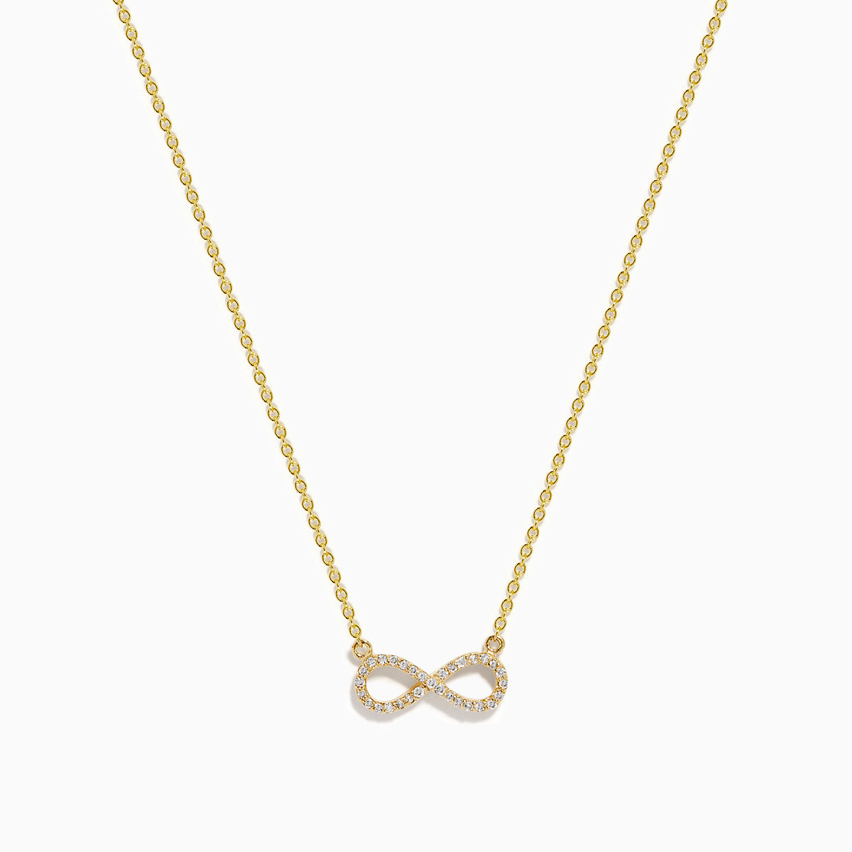 The 14K Yellow Gold Pavé Diamond Infinity Necklace features a horizontal infinity symbol pendant adorned with tiny clear pavé diamonds.
