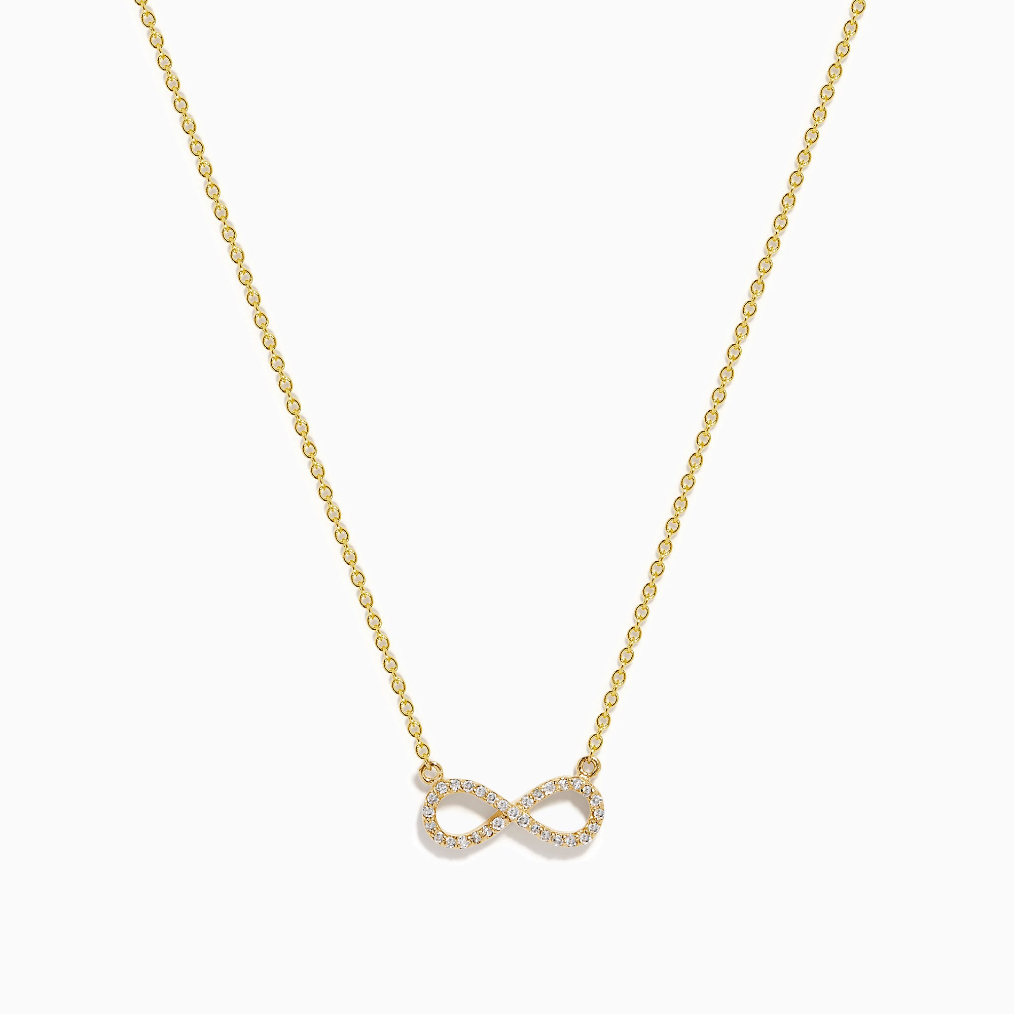 The 14K Yellow Gold Pavé Diamond Infinity Necklace features a horizontal infinity symbol pendant adorned with tiny clear pavé diamonds.