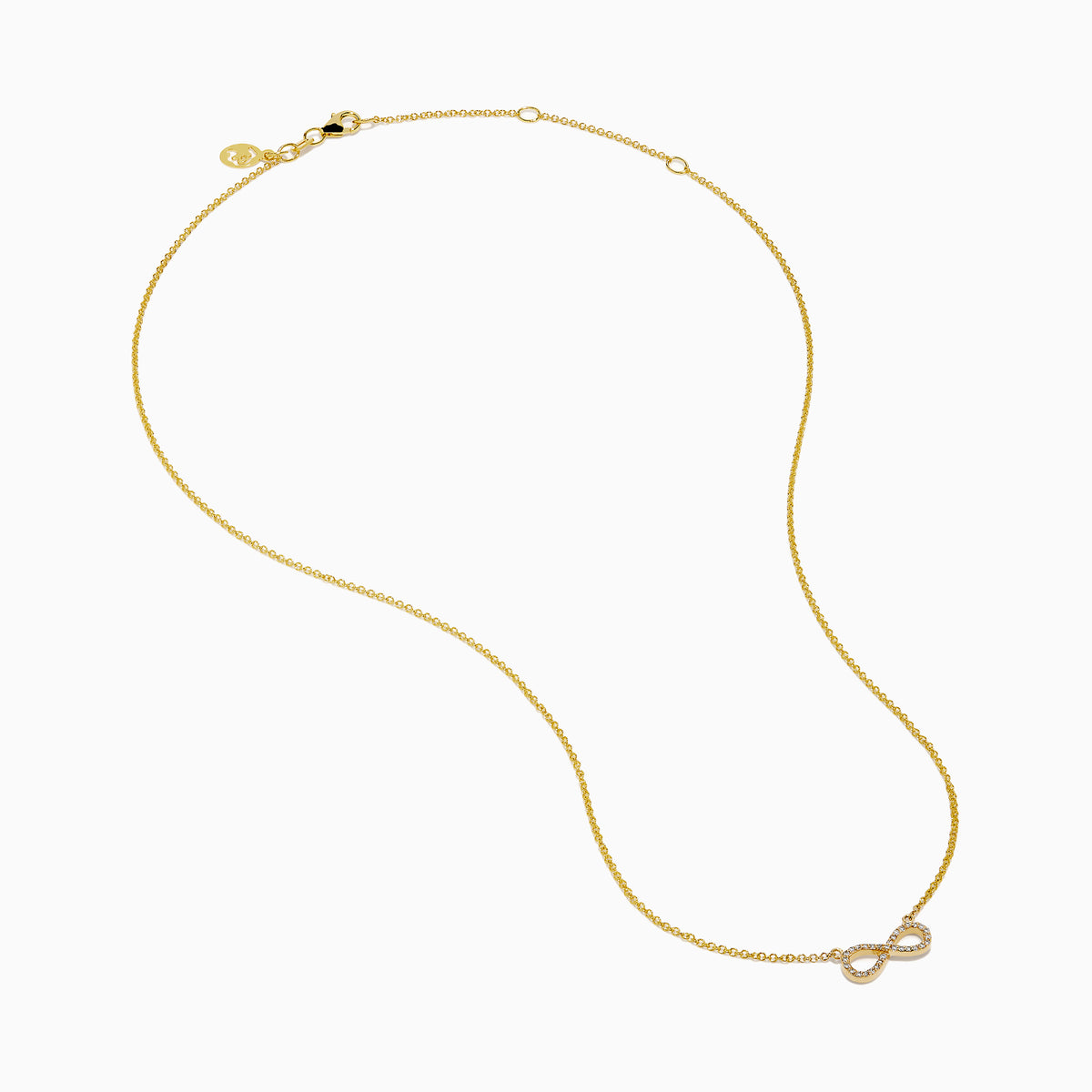 The 14K Yellow Gold Pavé Diamond Infinity Necklace features a horizontal infinity symbol pendant adorned with tiny clear pavé diamonds.