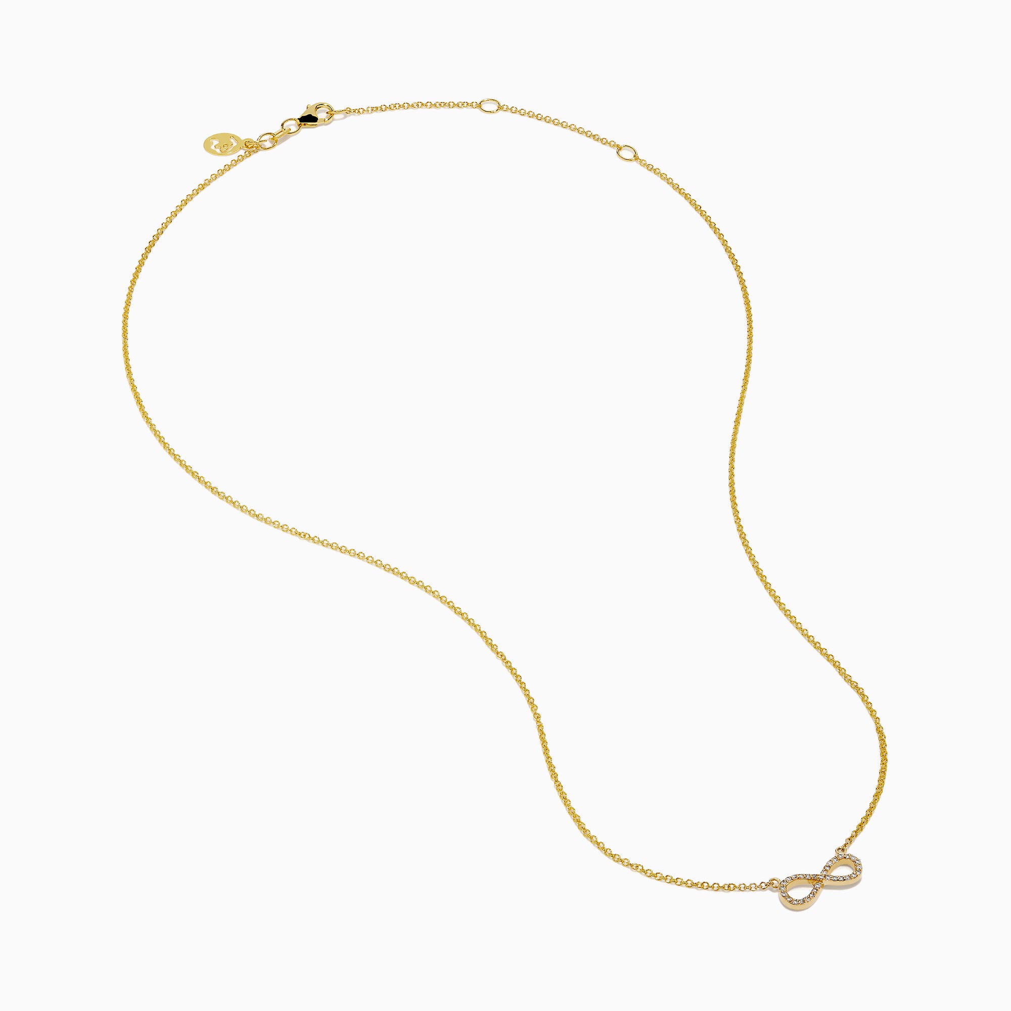 The 14K Yellow Gold Pavé Diamond Infinity Necklace features a horizontal infinity symbol pendant adorned with tiny clear pavé diamonds.